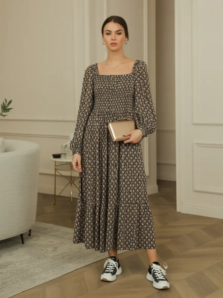 Square Neck Long Printed Dress with Sneakers and Clutch