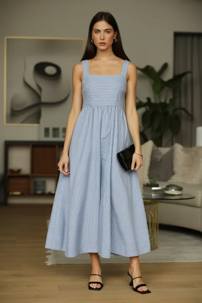 Square Neck Long Stripe Dress with Square Toe Strappy Heels