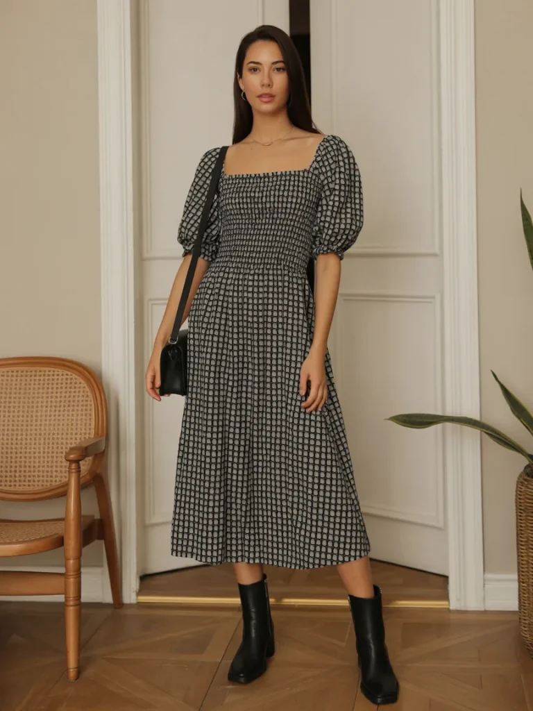 Square Neck Midi Printed Dress with Ankle Boots