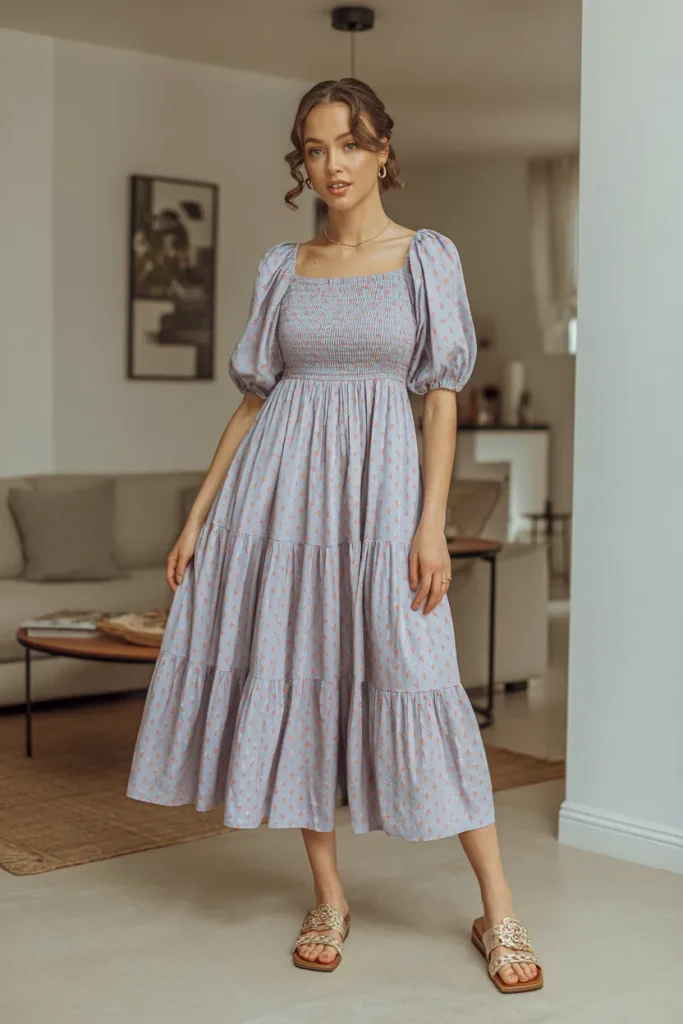 Square Neck Midi Printed Tiered Dress