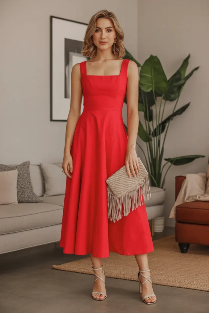 Square Neck Midi Red Dress with Strappy Heels