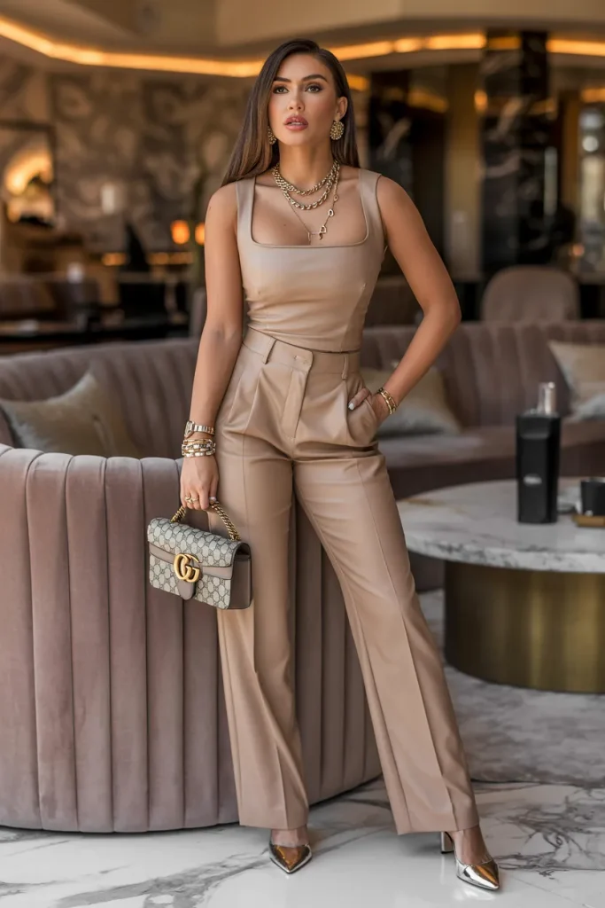 Square Neck Top with Dress Pants Co Ord Set with Gucci Handbag and Premium Jewelry