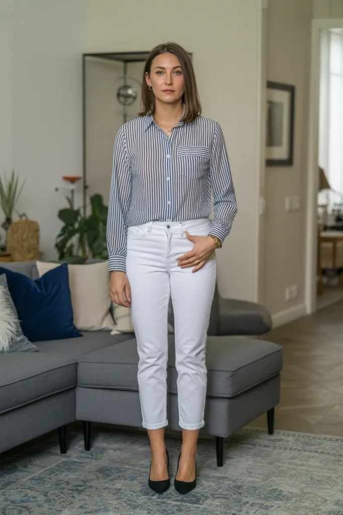 Stripe Blouse with Ankle White Jeans