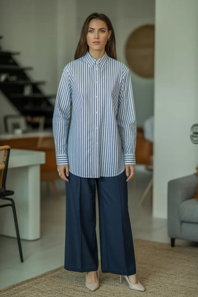 Stripe Button Down Shirt with Wide Leg Trouser and Pumps