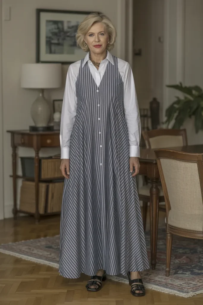 Stripe Long Dress Over White Button Down Shirt