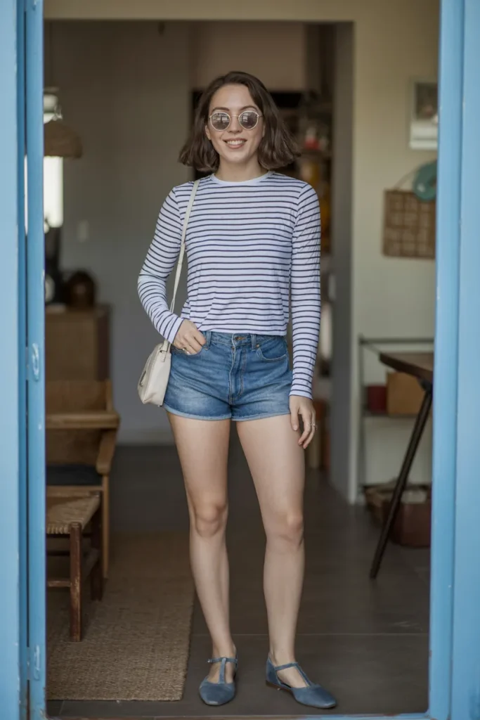 Stripe Long Sleeve T Shirt with Denim Shorts and T Strap Flats