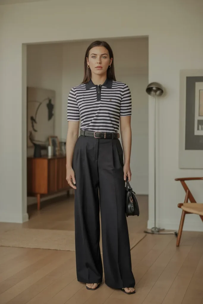 Stripe Polo T Shirt with Wide Leg Trouser
