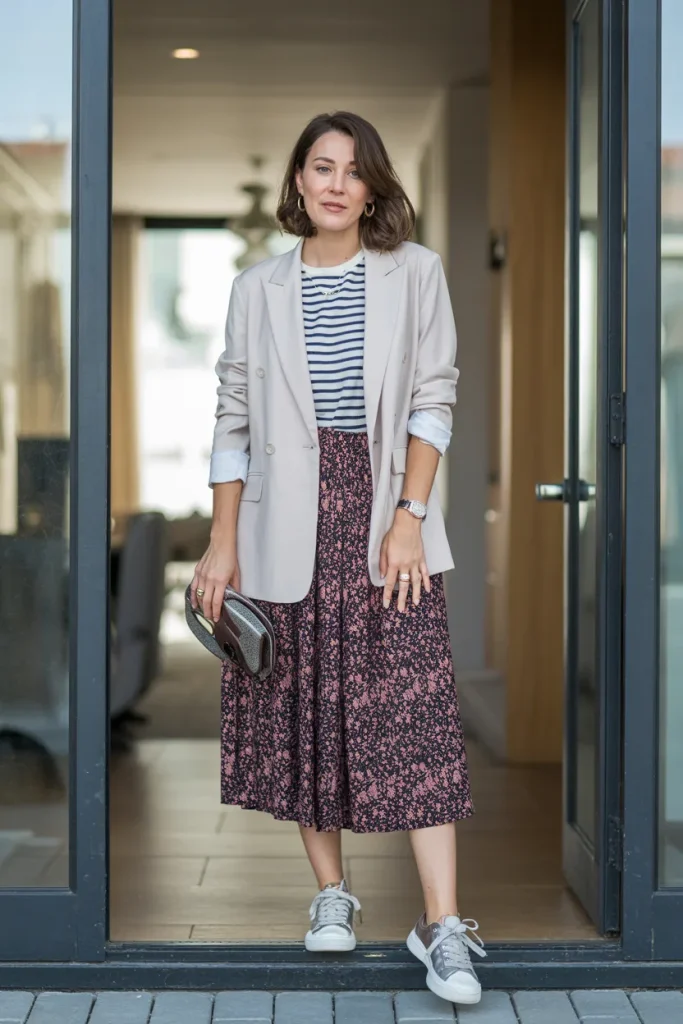 Stripe T Shirt with Printed MIDI Skirt Over White Blazer with Sneaker