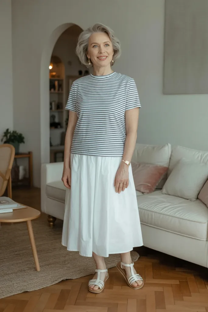 Stripe T Shirt with White Skirt and T Strap Sandal
