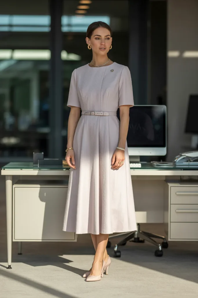 Elegant woman in a pastel dress.