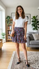 T Shirt with Frill Skirt and T Strap Heels