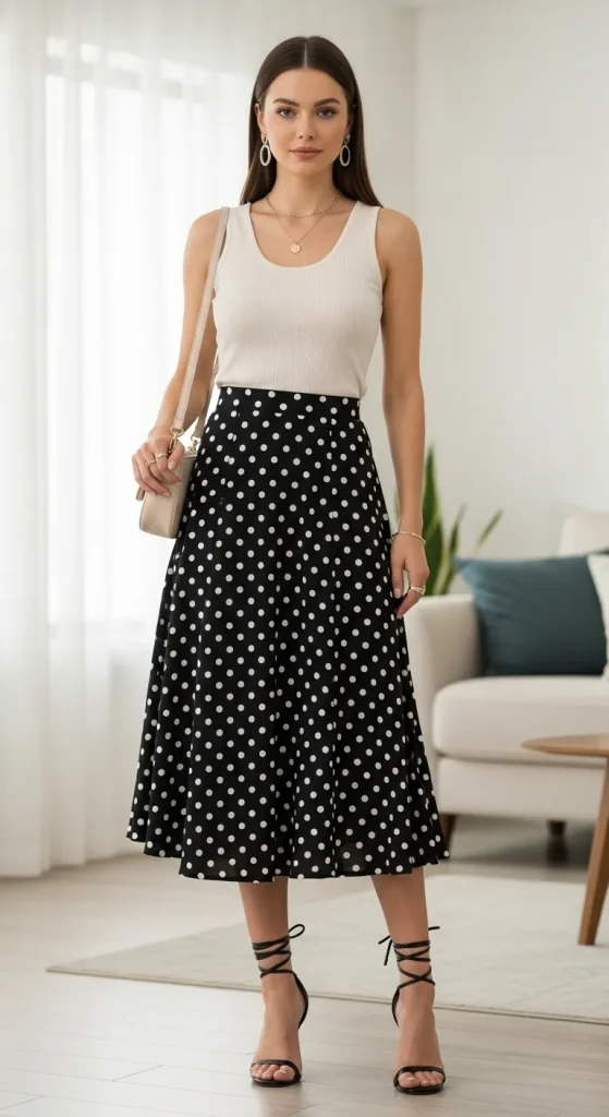 Tank Top with Polka Dot Skirt and Strappy Heels 1