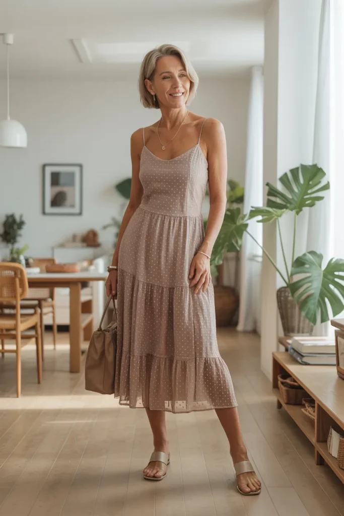 Thin Strap Dotted Midi Dress