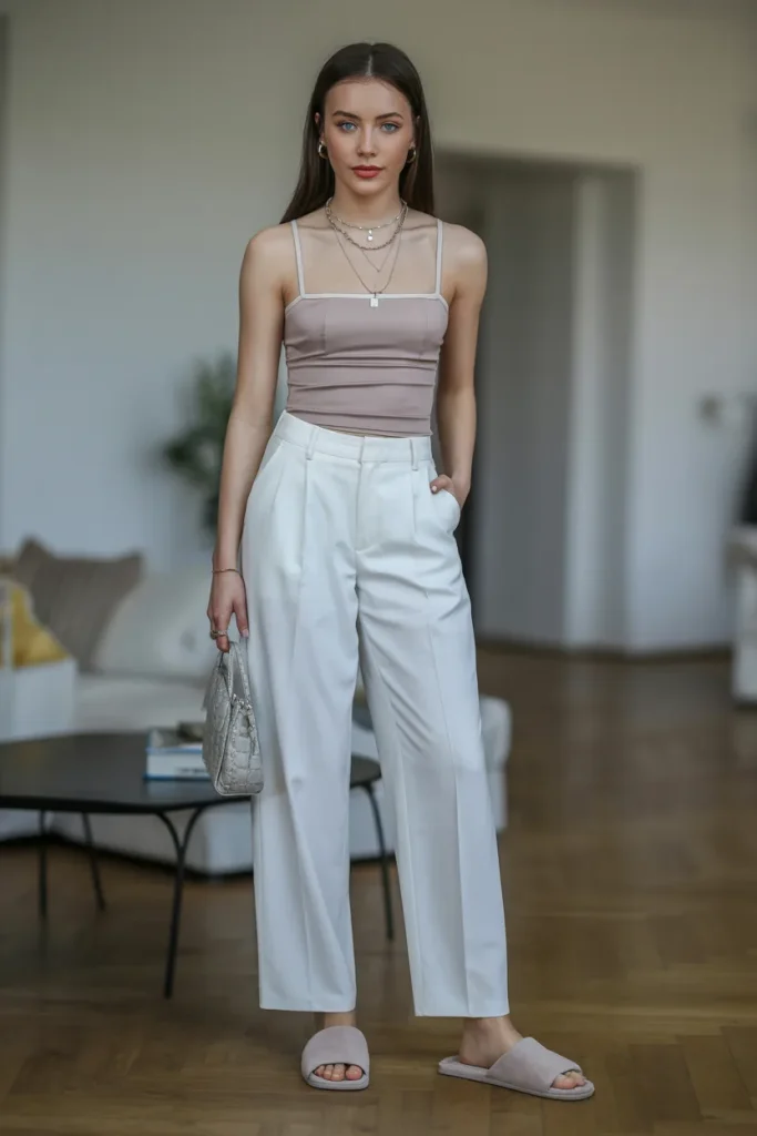 Thin Strap Top with White Trousers and Slippers