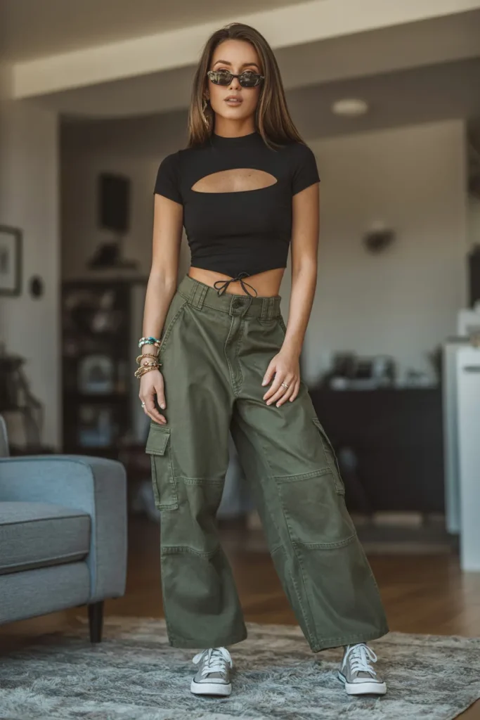 Trendy Cut Out Black Top with Army Cargo Pants and Sneakers