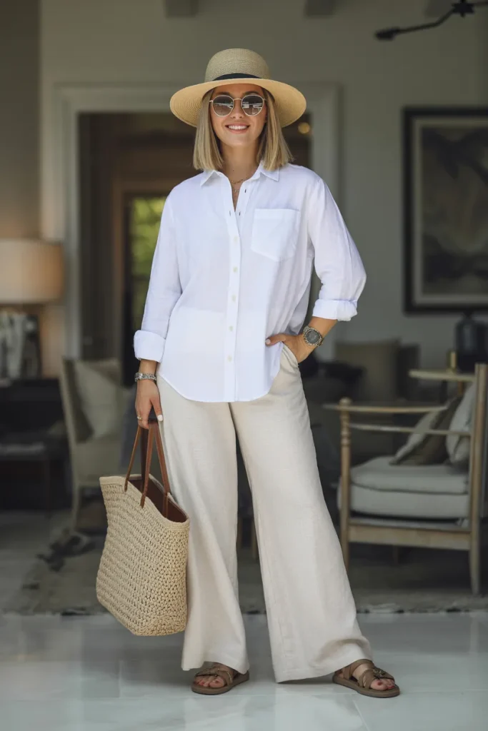Trendy White Button Down Shirt with Linen Pant and Cruise Style Hat