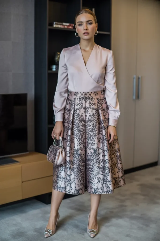 V Neck Blouse with Printed Skirt and Pumps