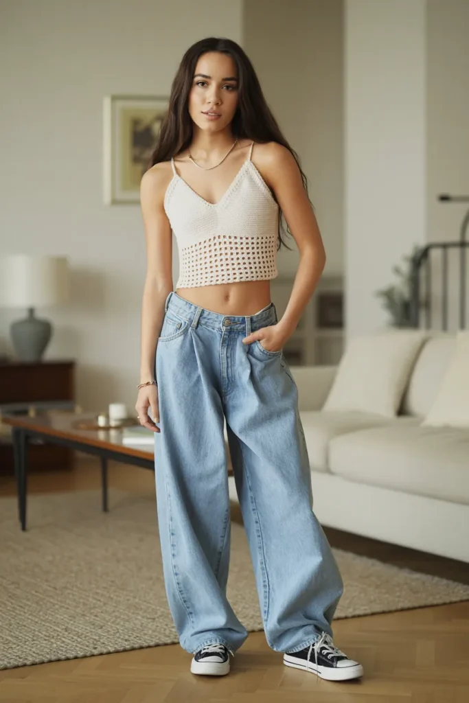 V Neck Crochet Top with Baggy Jeans and Sneakers