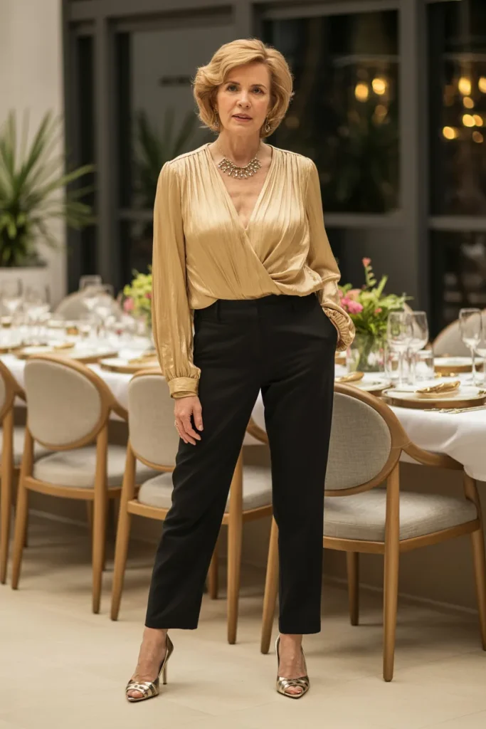 24 Dinner Night Outfits for Women Over 50 with Style modern chic 5 V Neck Golden Blouse with Black Trousers