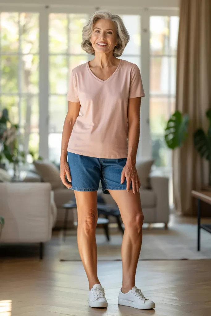 V-Neck Light Pink T-Shirt with Denim Shorts