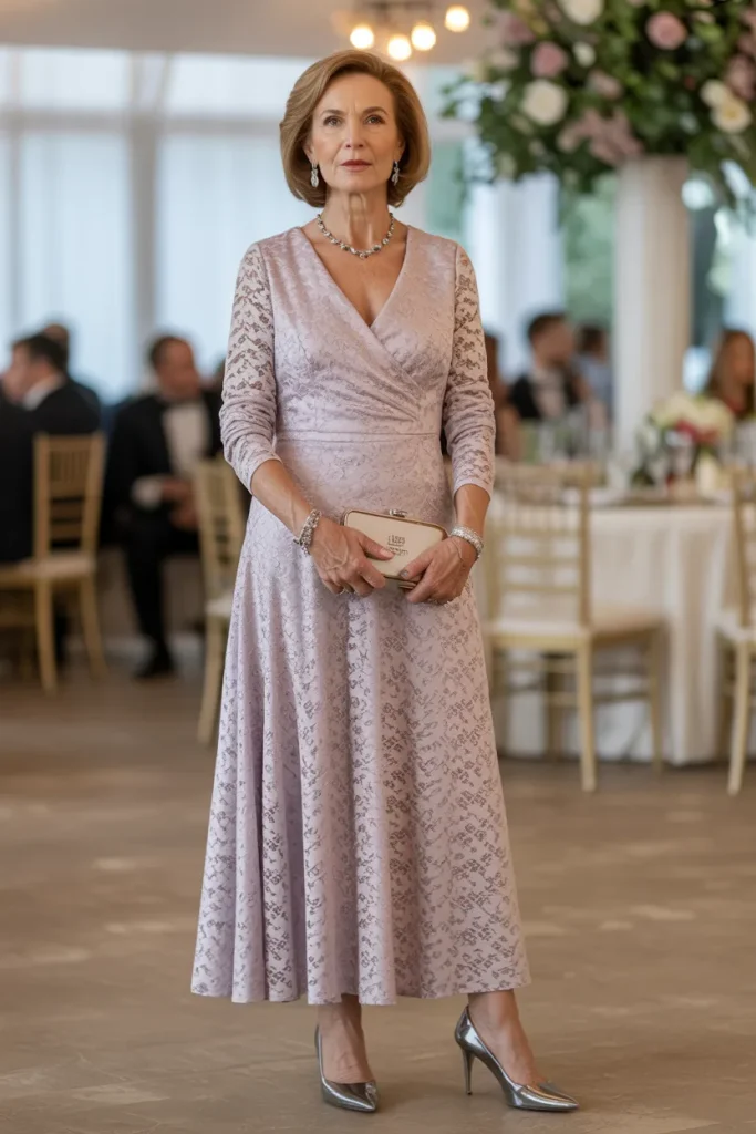 V Neck Long Lace Dress with Elegant Jewellery