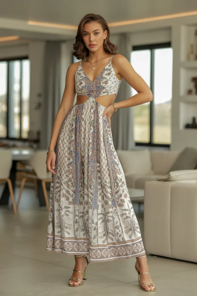 V Neck Long Printed Cutout Dress