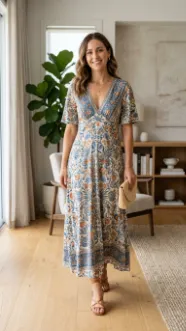 V Neck Long Printed Dress