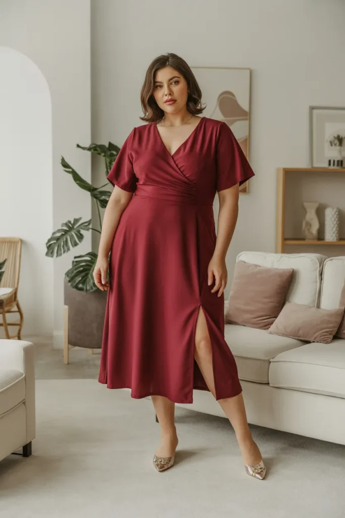V Neck Midi Dress with Slit