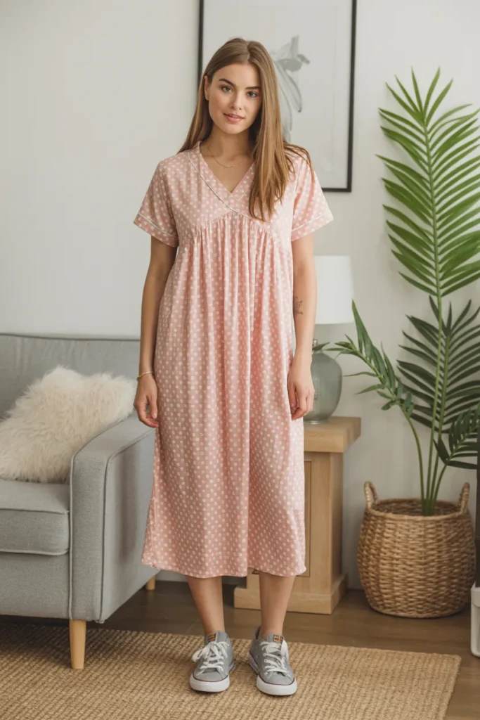 V Neck Midi Printed Sleep Dress with Sneaker