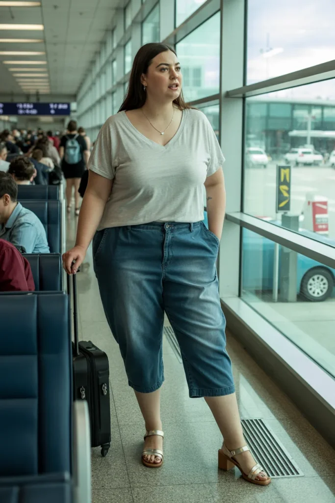 V Neck T Shirts with Denim Capris