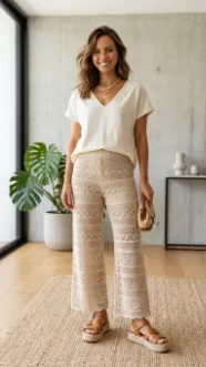V Neck Top with Crochet Trouser and Platform Sandal