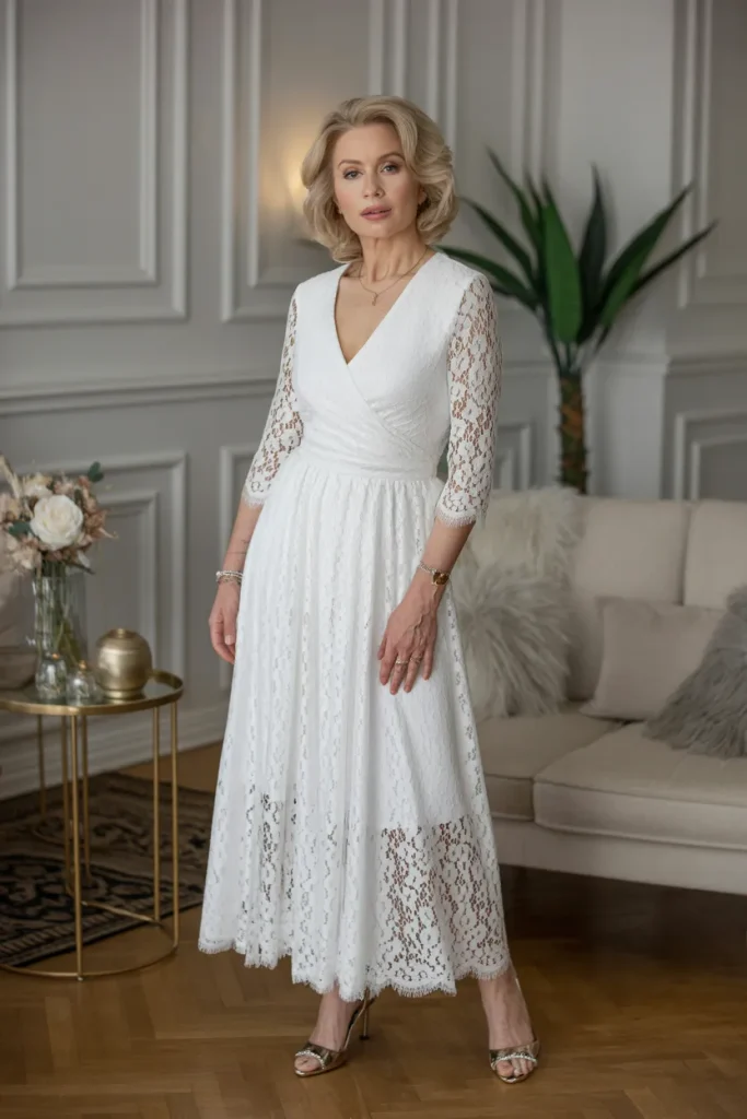 V Neck White Lace Dress