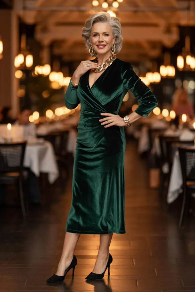 24 Dinner Night Outfits for Women Over 50 with Style modern chic 20 Velvet Midi Dress for Night Dinner
