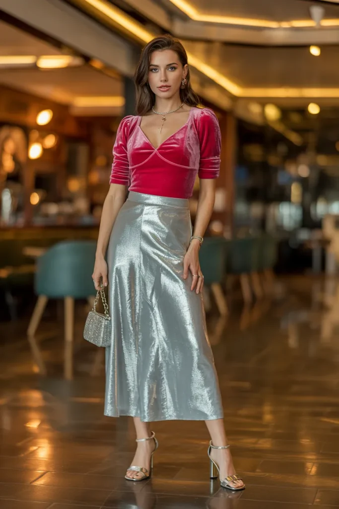 Velvet Top with Silver Skirt and Silver Heel Sandals