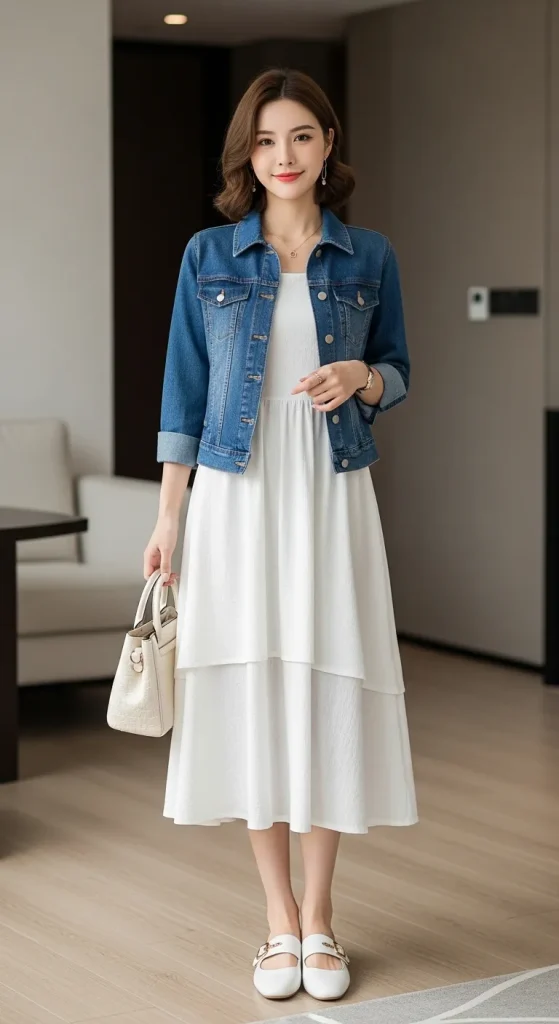 White A Line Dress Over Denim Jacket and White Shoes