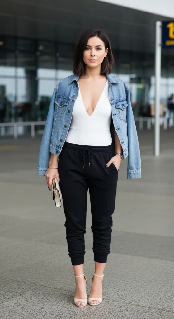 White Bodysuit with Jogger Over Denim Jacket and Open Toe Heels
