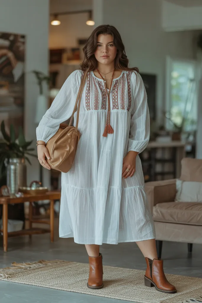 White Boho Embroidered Peasant Dress + Brown Ankle Boots + Beige Shoulder Bag