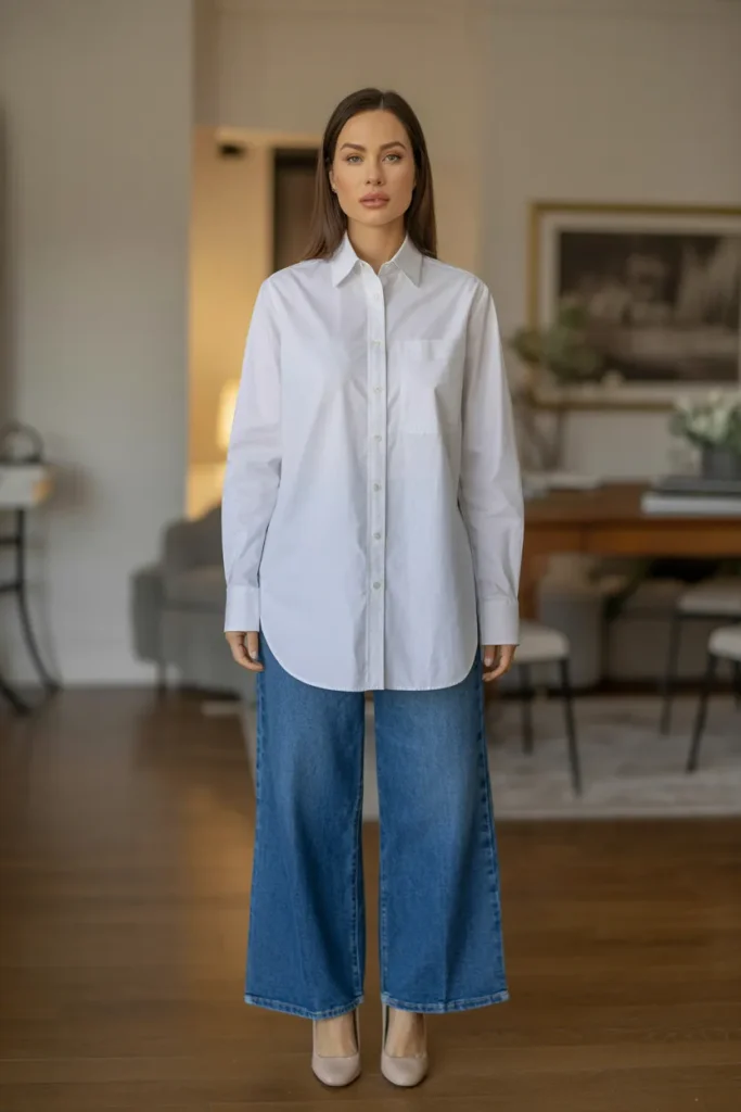 White Button Down Shirt with Wide Leg Jeans and Pumps