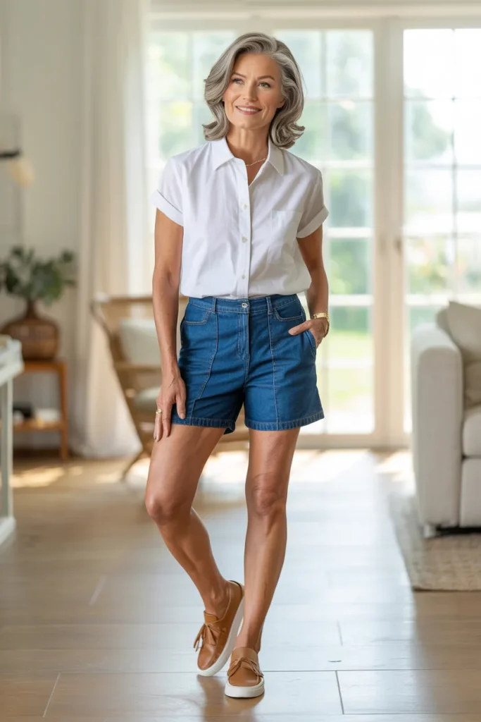 White Button Down Short Sleeve Shirt with Denim Shorts