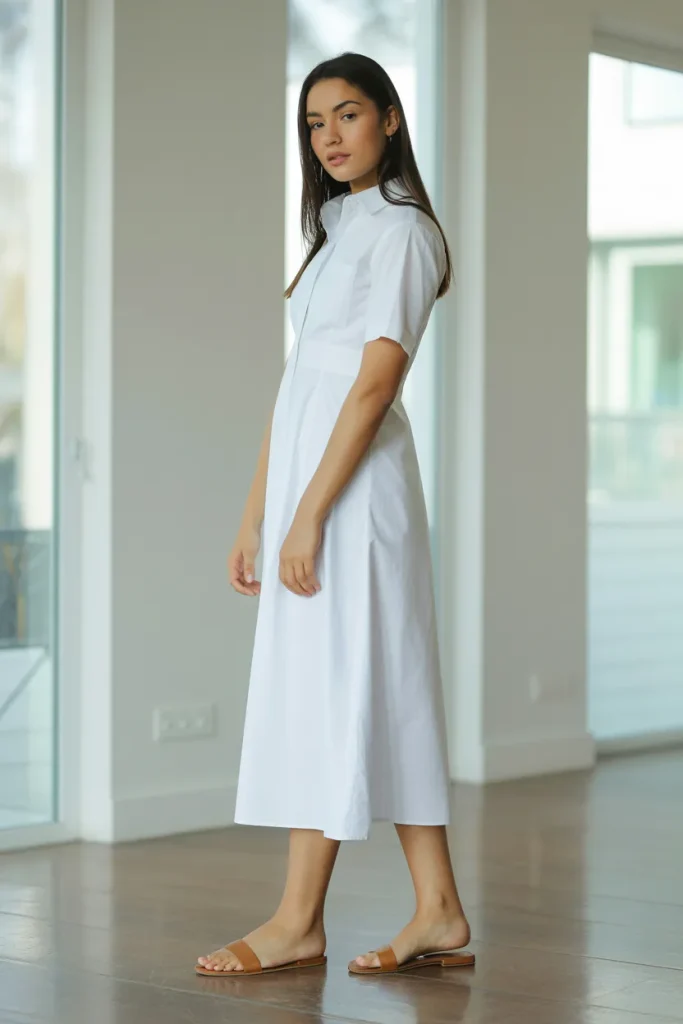 White Color Midi Shirt Dress with Flat Sandal