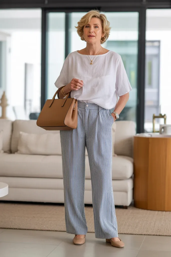 White Comfy Top with Stripe Line Trouser and Handbag