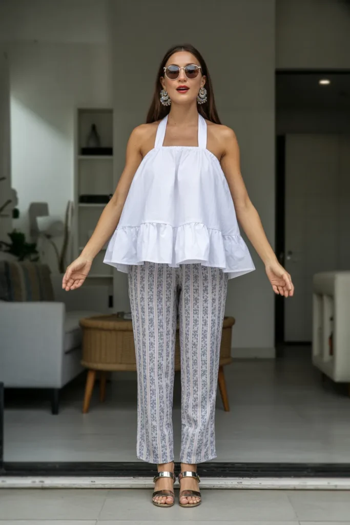 White Halter Strap Frill Top with Printed Pants