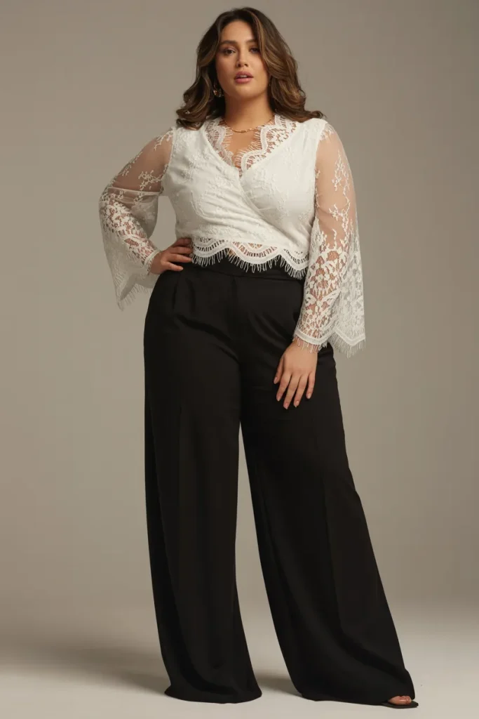 White Lace Blouse with Black Wide Leg Pants