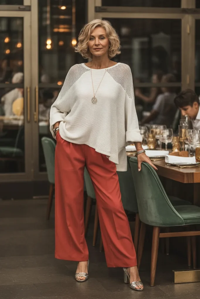 24 Dinner Night Outfits for Women Over 50 with Style modern chic 10 White Loose Sweater with Red Pants for Dinner Night