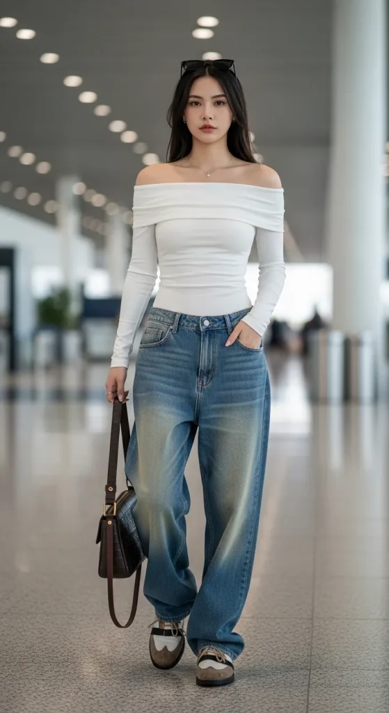 White Off Shoulder Skinny Top with Baggy Jeans and Shoes
