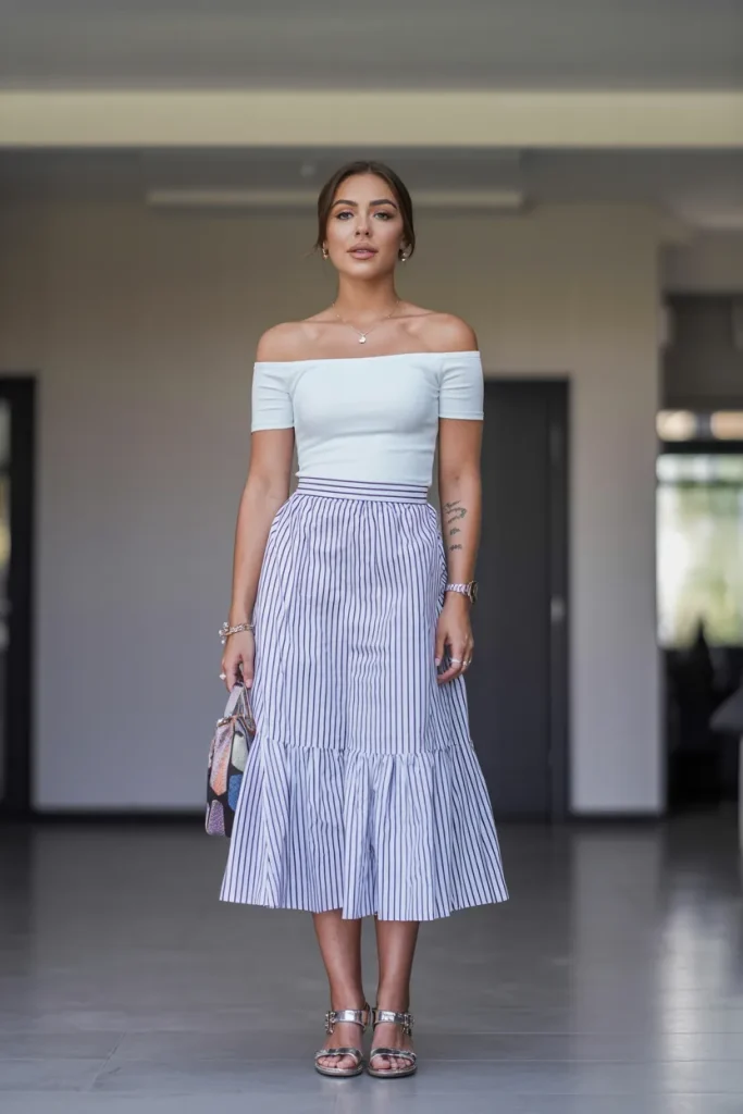 White Off Shoulder Top with Stripe Frill Skirt