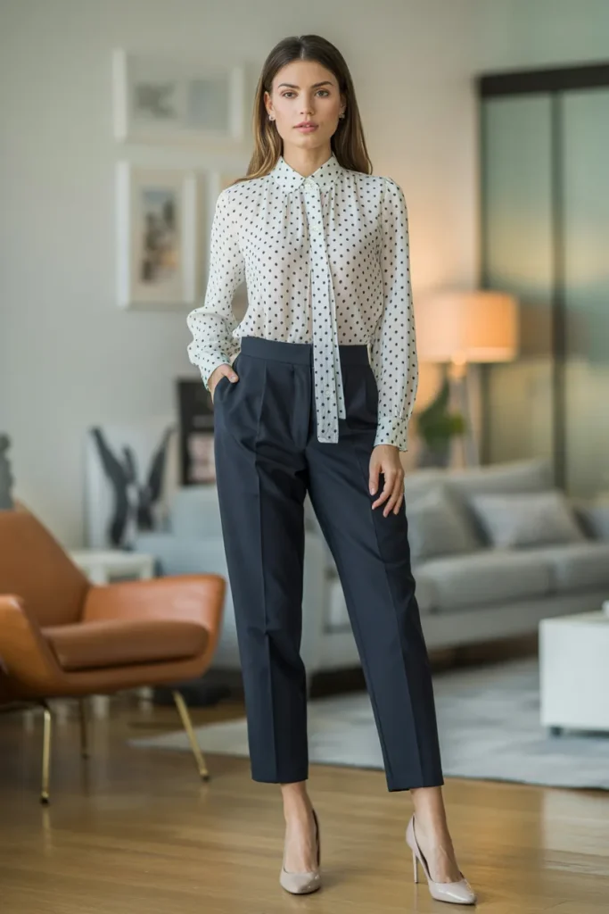 White Polka Dot Blouse With Ankle Trouser and Pumps