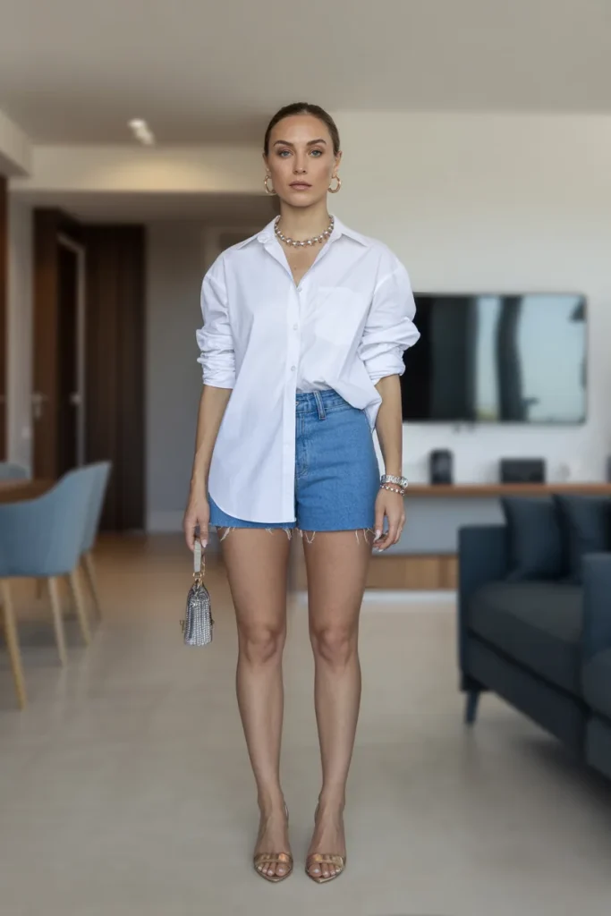 White Shirt with Denim Shorts and Elegant Jewelry