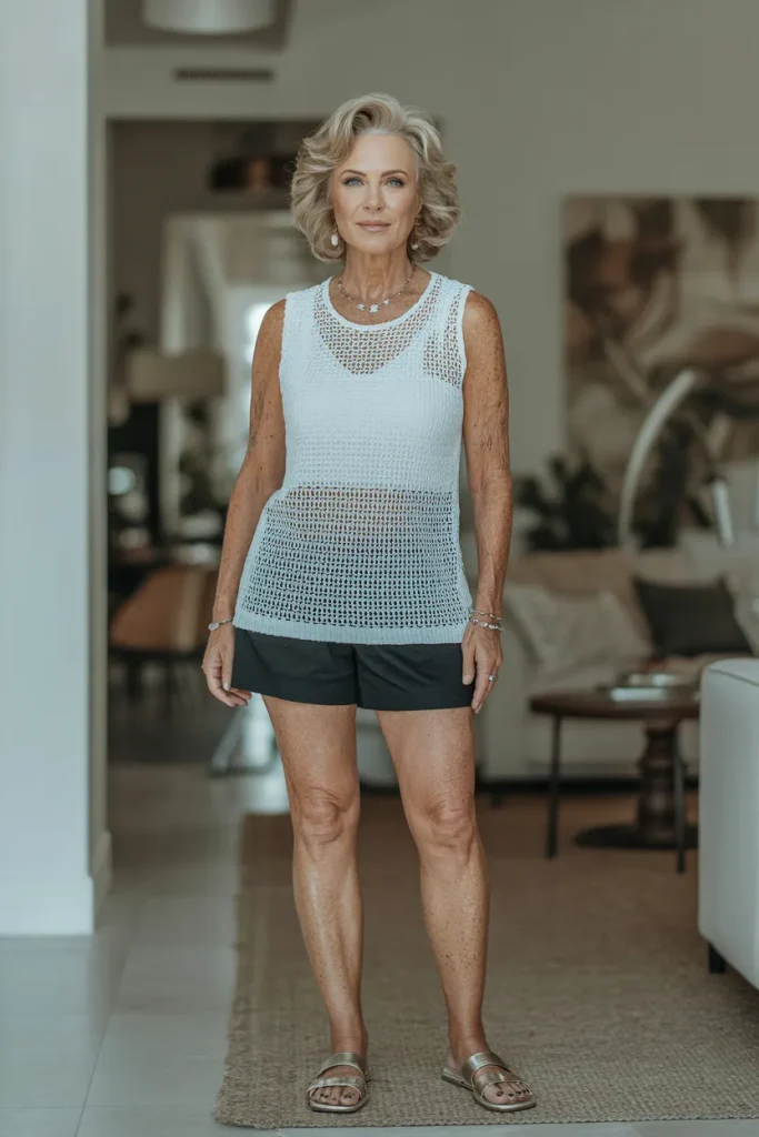 White Sleeveless Crochet Top with Black Shorts