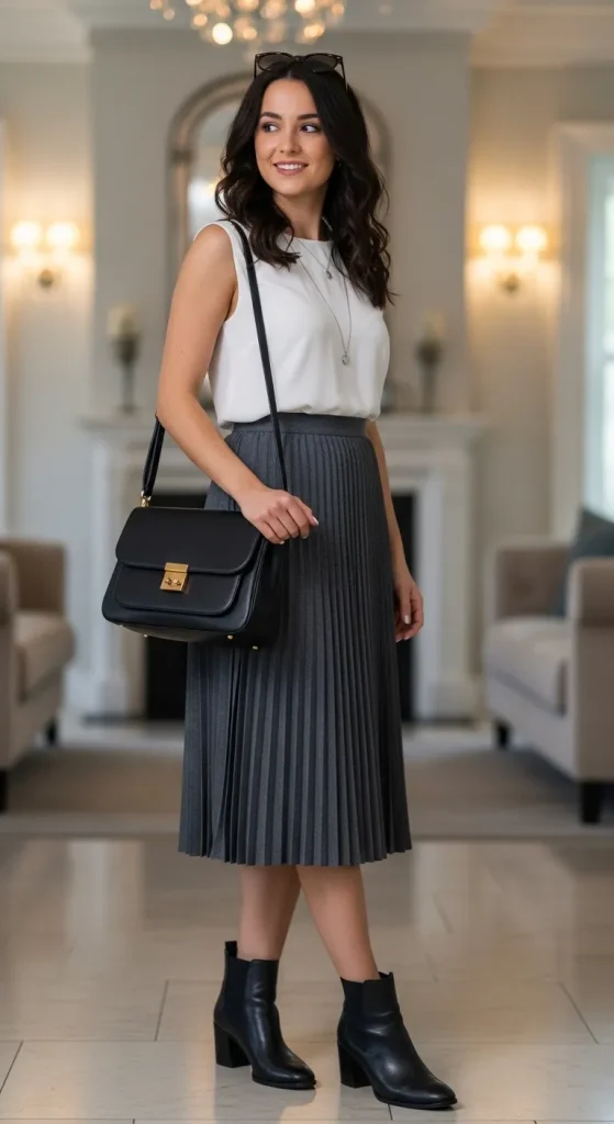 White Sleeveless Top with Pleated Skirt and Ankle Boots 1